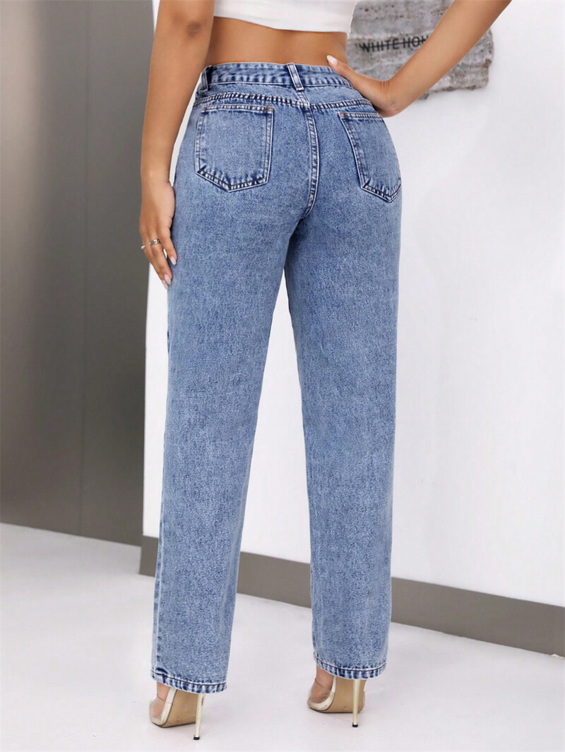 Dámske vintage modré džínsy so stredne dlhým pásom, americké ležérne, streetwear, módne džínsové rovné dlhé nohavice