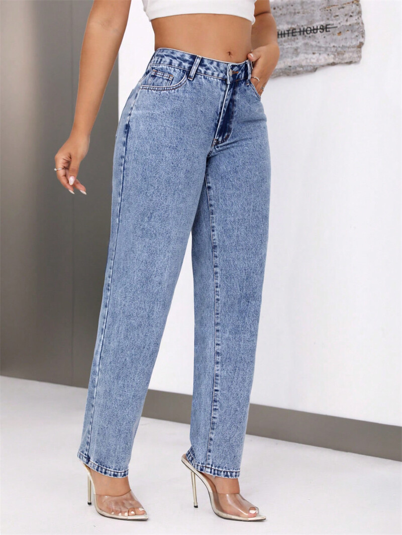 Dámske vintage modré džínsy so stredne dlhým pásom, americké ležérne, streetwear, módne džínsové rovné dlhé nohavice