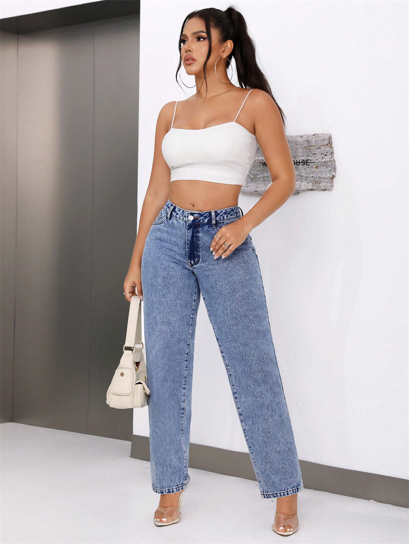 Dámske vintage modré džínsy so stredne dlhým pásom, americké ležérne, streetwear, módne džínsové rovné dlhé nohavice