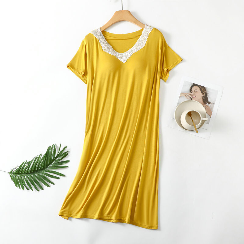 Női tavaszi nyár hálóing Modális rövid ujjú mellkaspárna csipke otthoni viselet ruha nagy méretű hálóingek Női hálóing