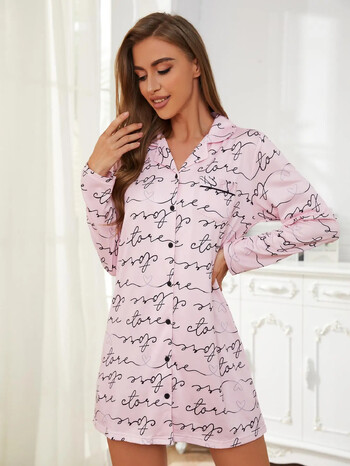 Έντυπο επιστολής Γυναικείο νυχτικό Boy Friend Nightwear Πουκάμισο με μακρυμάνικο μπροστινό κουμπί Πυζά με γιακά με εγκοπές Κοστούμι σπιτιού Πανί