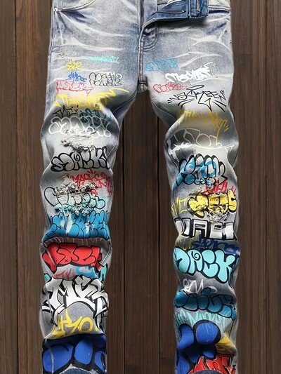 Liekni „Streetwear“ džinsai vyrams, tamprus džinsas su unikaliais papuoštais piešiniais, puikiai tinka hiphopo miesto stiliui
