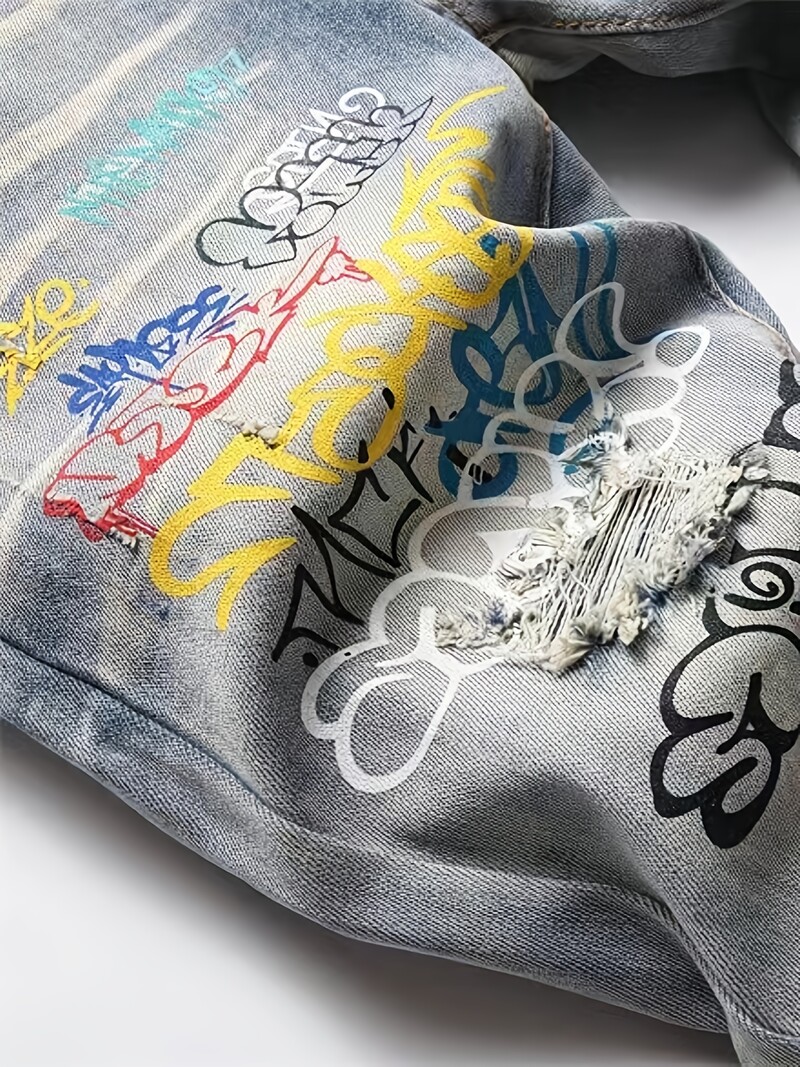 Liekni „Streetwear“ džinsai vyrams, tamprus džinsas su unikaliais papuoštais piešiniais, puikiai tinka hiphopo miesto stiliui