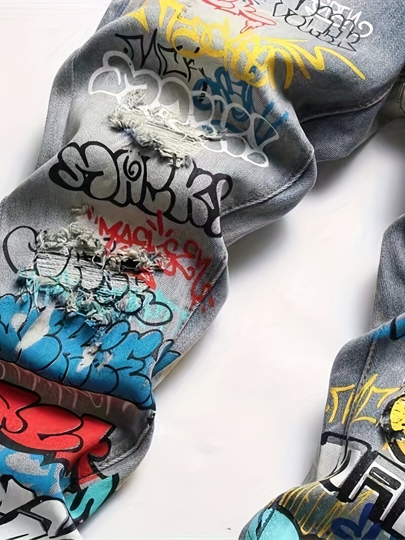 Liekni „Streetwear“ džinsai vyrams, tamprus džinsas su unikaliais papuoštais piešiniais, puikiai tinka hiphopo miesto stiliui