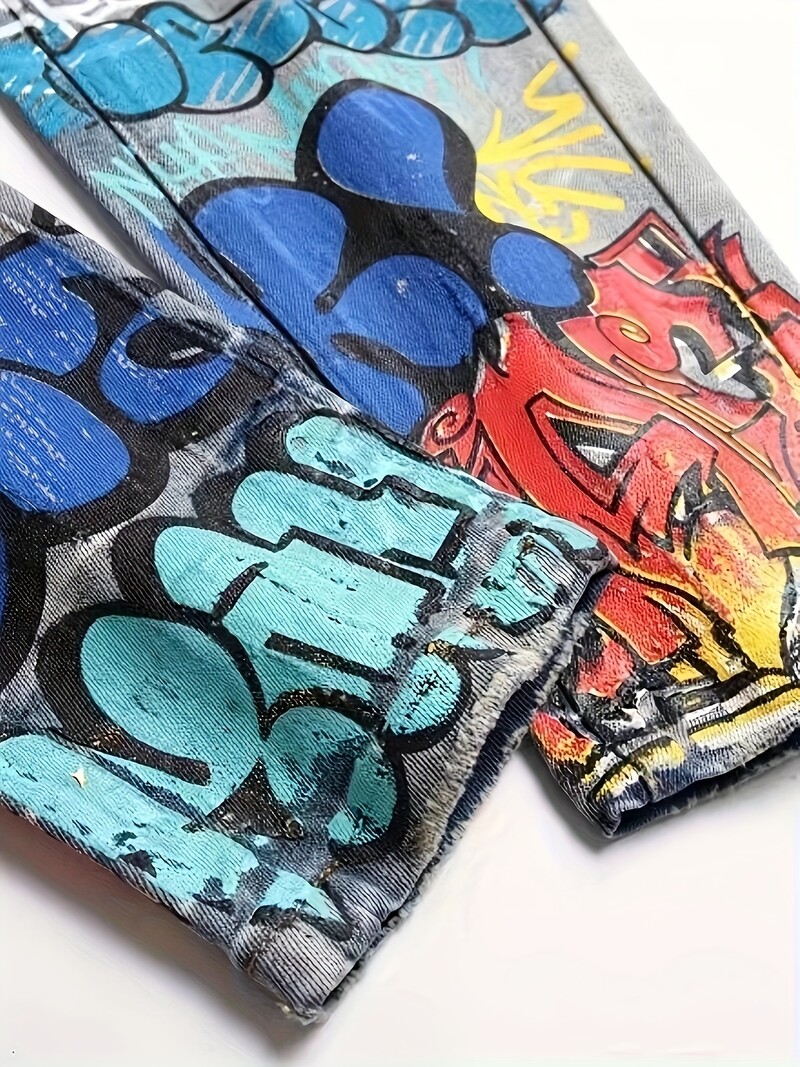 Liekni „Streetwear“ džinsai vyrams, tamprus džinsas su unikaliais papuoštais piešiniais, puikiai tinka hiphopo miesto stiliui