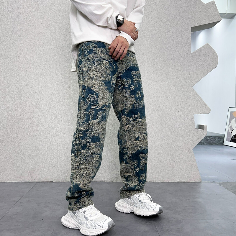 Originalios aukščiausios klasės žakardo spalvos skalbti džinsai tiesūs vamzdeliai, laisvi madingi High Street dizaino plačios kelnės vyrams