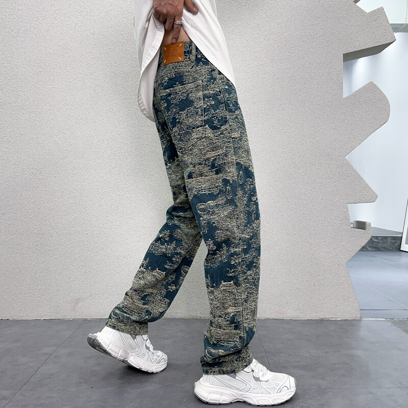 Originalios aukščiausios klasės žakardo spalvos skalbti džinsai tiesūs vamzdeliai, laisvi madingi High Street dizaino plačios kelnės vyrams