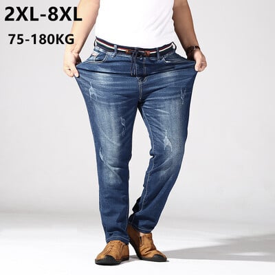 Nagy méretű farmer Férfi 6XL 7XL 8XL 180KG nyári nadrág Homme Stretch egyenes bő nadrág farmerkék plusz márka szakadt ruhák