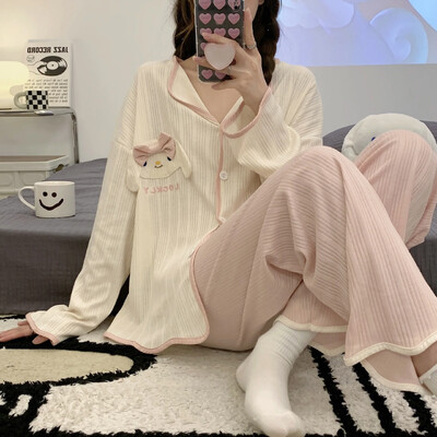 Patogus moteriškas pižamos rinkinys ilgomis rankovėmis, saldus megztinis, laisvai prigludęs išorinis drabužis Animacinių filmų namų drabužiai, pavasariniai plonos medžiagos