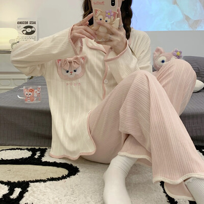 Patogus moteriškas pižamos rinkinys ilgomis rankovėmis, saldus megztinis, laisvai prigludęs išorinis drabužis Animacinių filmų namų drabužiai, pavasariniai plonos medžiagos