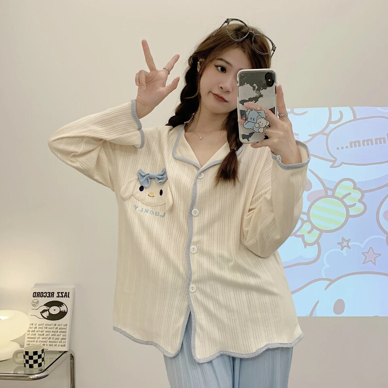 Patogus moteriškas pižamos rinkinys ilgomis rankovėmis, saldus megztinis, laisvai prigludęs išorinis drabužis Animacinių filmų namų drabužiai, pavasariniai plonos medžiagos