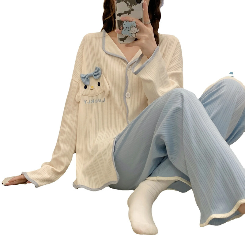 Patogus moteriškas pižamos rinkinys ilgomis rankovėmis, saldus megztinis, laisvai prigludęs išorinis drabužis Animacinių filmų namų drabužiai, pavasariniai plonos medžiagos