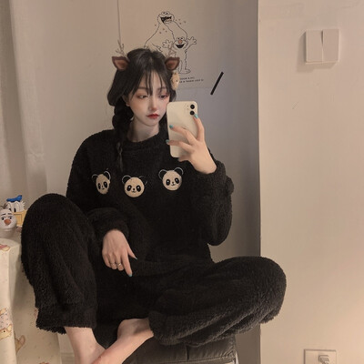 Поларени дебели топли дамски комплект пижами Зимно спално облекло Ежедневно плътно горнище и карирани панталони Комплект меки пижами за жени Домашен костюм