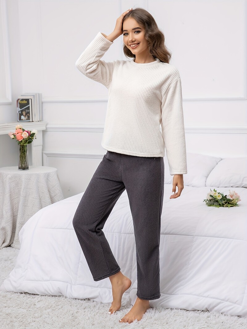 Női őszi és téli új stílusú kasmír otthoni viselet kétrészes hosszú ujjú nadrág vastag egyszínű egyszerű pizsama szett