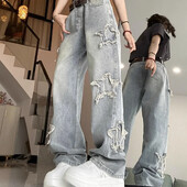 American Retro Star Blue Jeans για Γυναικείες Κορεάτικες Ins Ψηλόμεσο ίσιο παντελόνι με φαρδύ πόδι Tide Baggy Jeans Γυναικείο