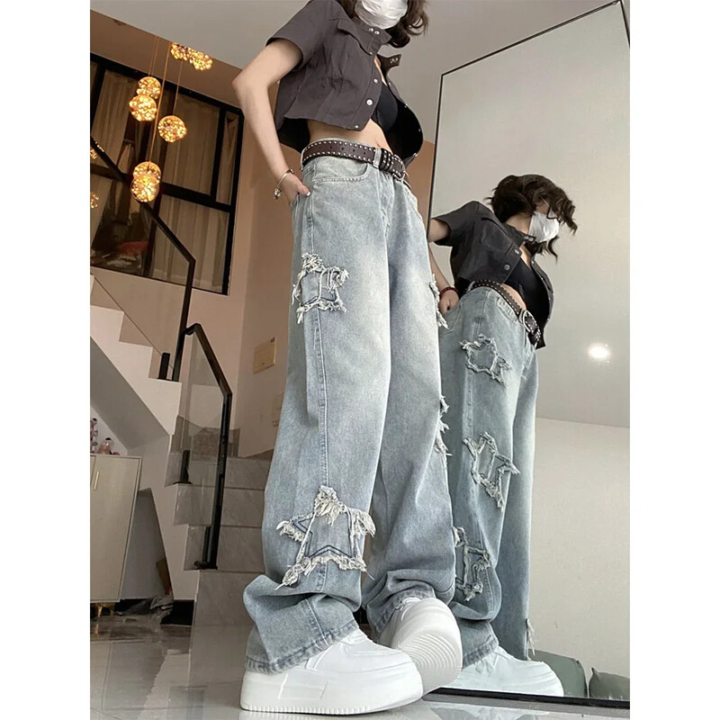 American Retro Star Blue Jeans για Γυναικείες Κορεάτικες Ins Ψηλόμεσο ίσιο παντελόνι με φαρδύ πόδι Tide Baggy Jeans Γυναικείο