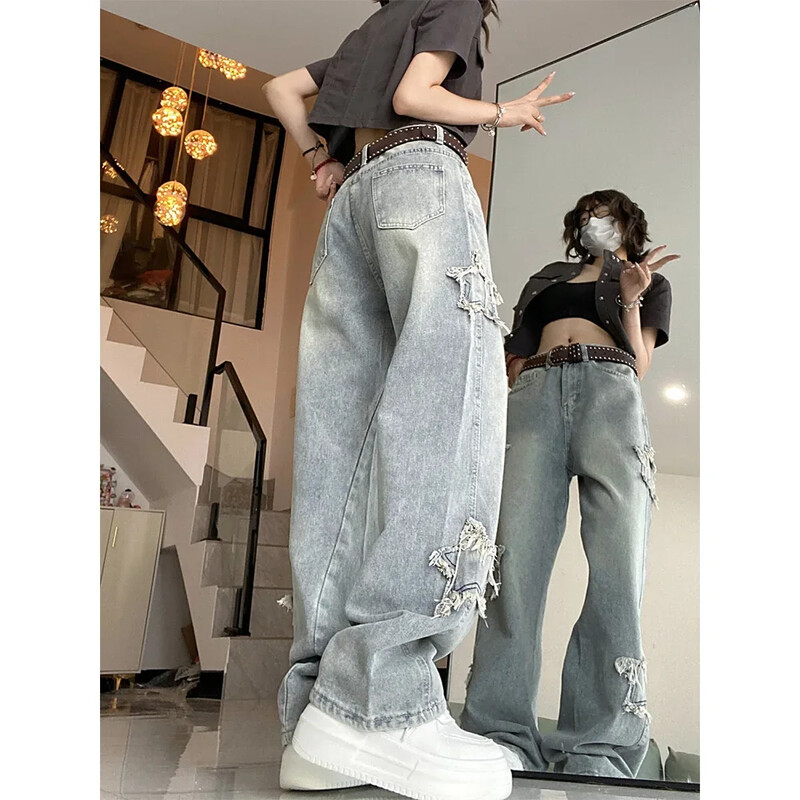 American Retro Star Blue Jeans για Γυναικείες Κορεάτικες Ins Ψηλόμεσο ίσιο παντελόνι με φαρδύ πόδι Tide Baggy Jeans Γυναικείο