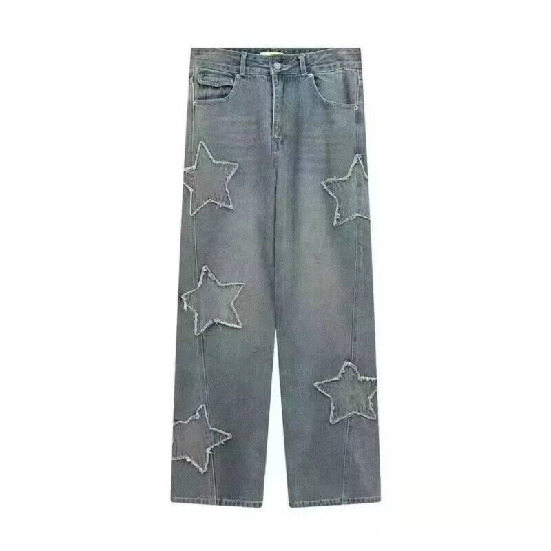 American Retro Star Blue Jeans για Γυναικείες Κορεάτικες Ins Ψηλόμεσο ίσιο παντελόνι με φαρδύ πόδι Tide Baggy Jeans Γυναικείο