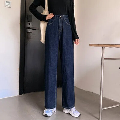 2024 m. pavasario ruduo Nauji liekninantys prašmatnūs džinsai aukštu liemeniu tiesiomis kojomis Laisvi tamsiai mėlyni džinsai plačiomis kojomis Moteriški madingi