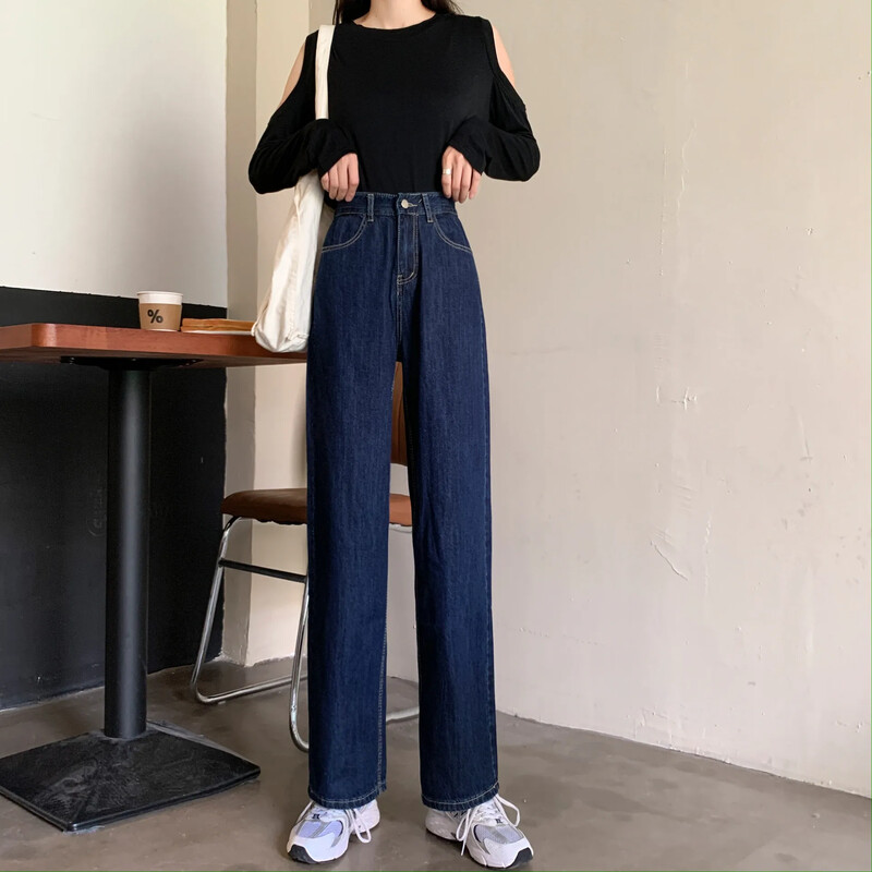 2024 m. pavasario ruduo Nauji liekninantys prašmatnūs džinsai aukštu liemeniu tiesiomis kojomis Laisvi tamsiai mėlyni džinsai plačiomis kojomis Moteriški madingi