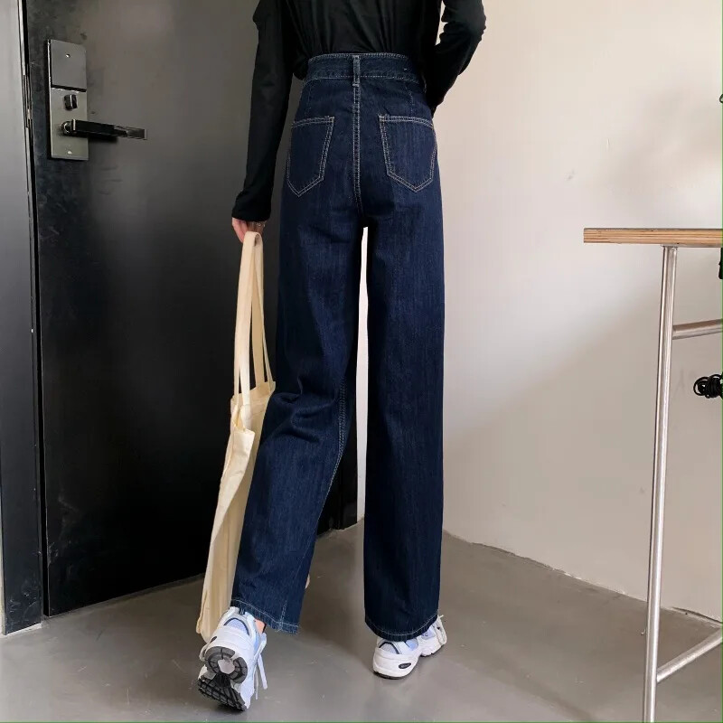 2024 m. pavasario ruduo Nauji liekninantys prašmatnūs džinsai aukštu liemeniu tiesiomis kojomis Laisvi tamsiai mėlyni džinsai plačiomis kojomis Moteriški madingi