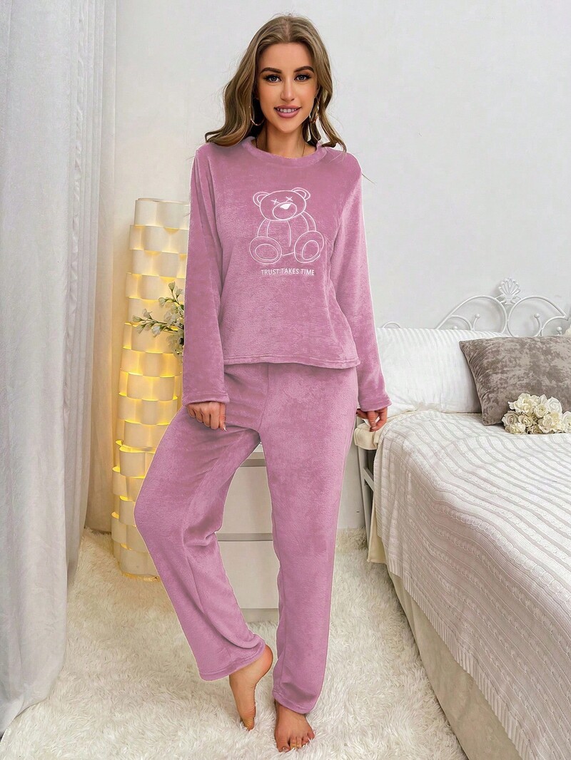 Rudens ir žiemos naujo stiliaus moteriškas mielas meškiukas storos ilgomis rankovėmis kelnės aksominės pižamos komplektas kasdieniai namų drabužiai