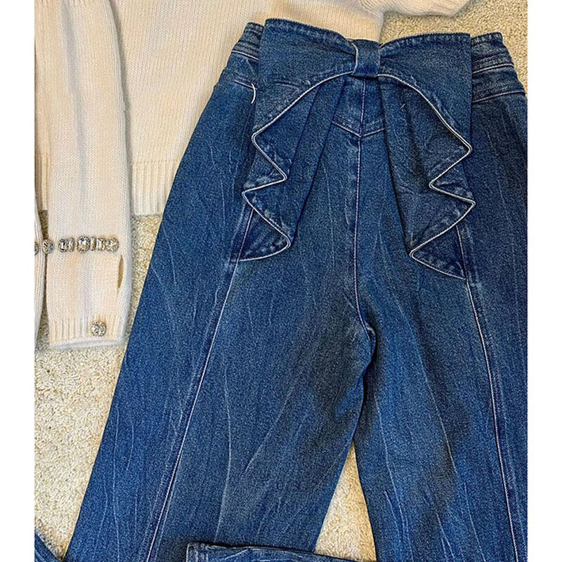 Sweet Style Street Blue American Retro Bow Bow džinsai aukštu liemeniu moterims Pavasario Naujos nišos plačios kojos Tiesios kojos Y2k kelnės