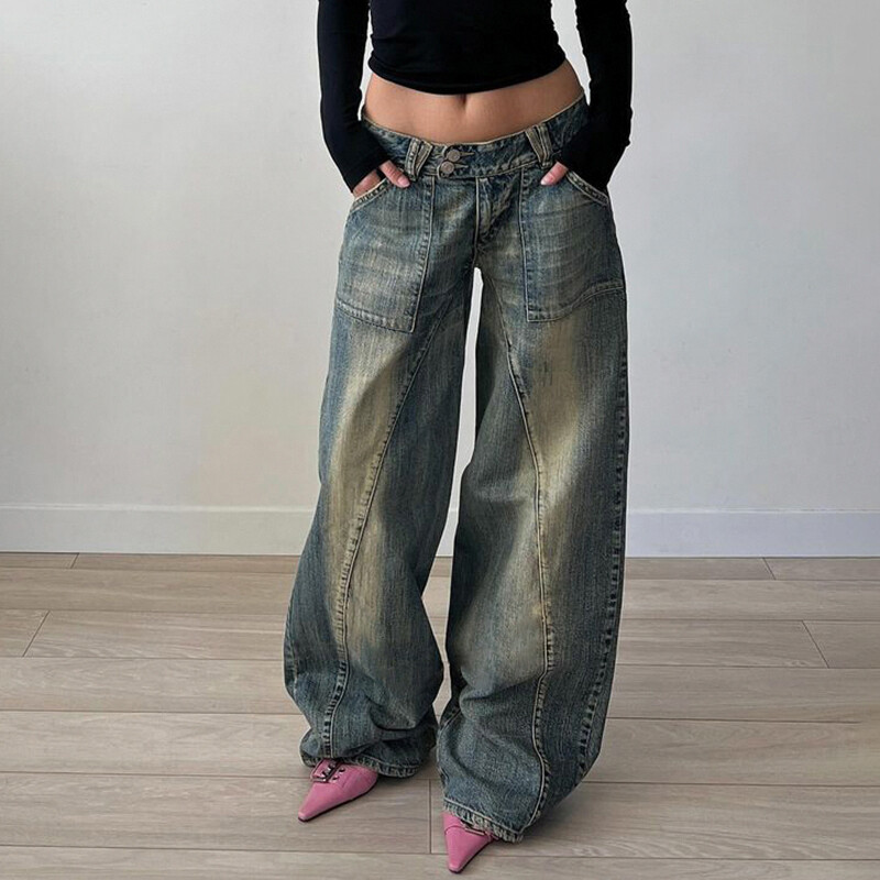 CIBBAR Baggy y2k Distressed Jeans 90s Streetwear Low Rise Vintažinės laisvos džinsinės kelnės Patchwork Mom Džinsai Rudens Harajuku Drabužiai