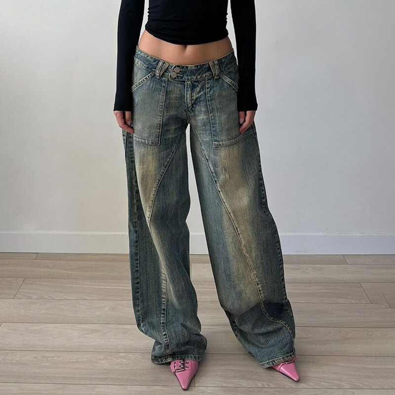 CIBBAR Baggy y2k Distressed Jeans 90s Streetwear Low Rise Vintažinės laisvos džinsinės kelnės Patchwork Mom Džinsai Rudens Harajuku Drabužiai