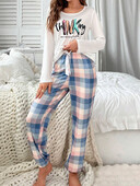 Moteriškas pižamos rinkinys ilgomis rankovėmis apvaliomis kaklo languotas bėgikas laisvalaikio šūkio spausdinimas Moteriški miegui ir poilsio drabužiai