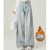 Nő magas derekú divat termikus, széles lábú farmer Női Y2k ruházat táskás nadrág lány tél hó meleg khaki kávé farmer nadrág