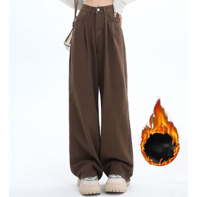 Nő magas derekú divat termikus, széles lábú farmer Női Y2k ruházat táskás nadrág lány tél hó meleg khaki kávé farmer nadrág