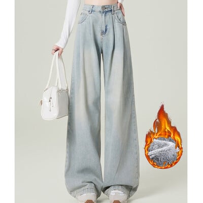 Nő magas derekú divat termikus, széles lábú farmer Női Y2k ruházat táskás nadrág lány tél hó meleg khaki kávé farmer nadrág