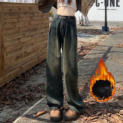 Nő magas derekú divat termikus, széles lábú farmer Női Y2k ruházat táskás nadrág lány tél hó meleg khaki kávé farmer nadrág