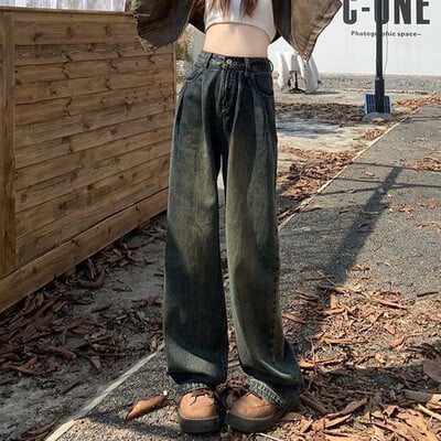 Nő magas derekú divat termikus, széles lábú farmer Női Y2k ruházat táskás nadrág lány tél hó meleg khaki kávé farmer nadrág