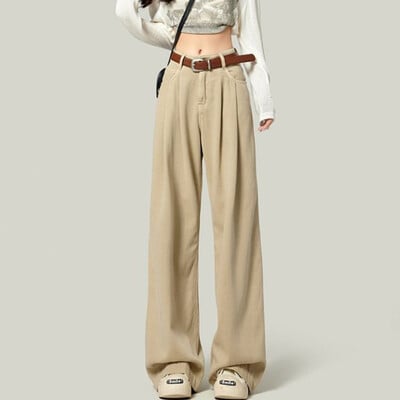 Nő magas derekú divat termikus, széles lábú farmer Női Y2k ruházat táskás nadrág lány tél hó meleg khaki kávé farmer nadrág