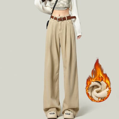 Nő magas derekú divat termikus, széles lábú farmer Női Y2k ruházat táskás nadrág lány tél hó meleg khaki kávé farmer nadrág