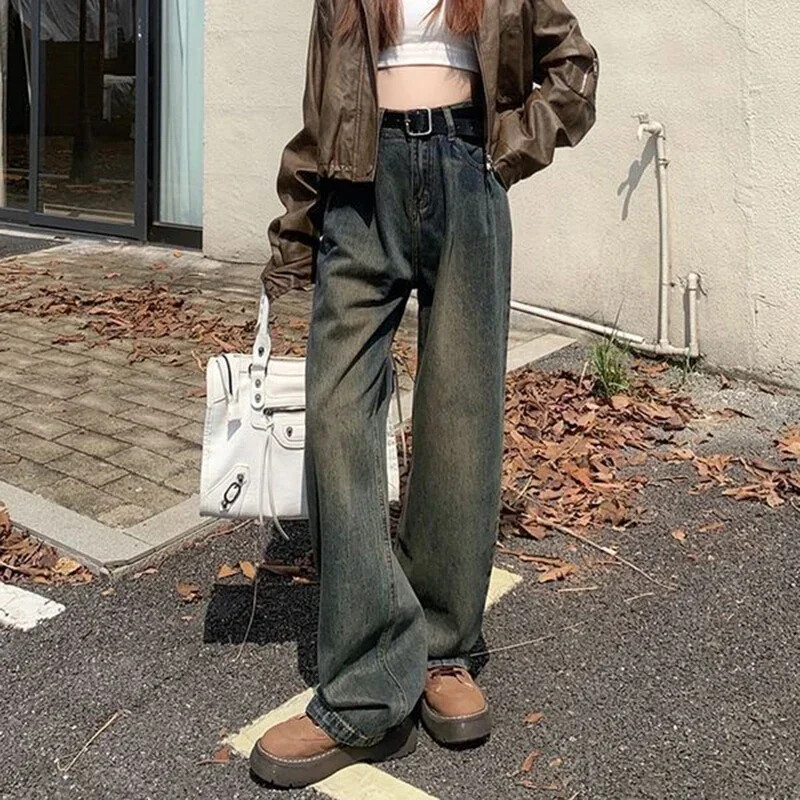 Nő magas derekú divat termikus, széles lábú farmer Női Y2k ruházat táskás nadrág lány tél hó meleg khaki kávé farmer nadrág