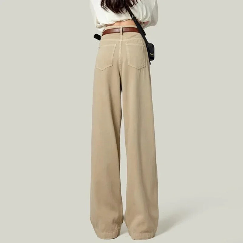 Nő magas derekú divat termikus, széles lábú farmer Női Y2k ruházat táskás nadrág lány tél hó meleg khaki kávé farmer nadrág