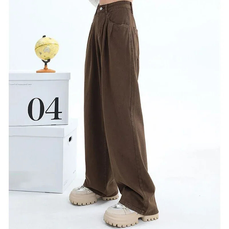 Nő magas derekú divat termikus, széles lábú farmer Női Y2k ruházat táskás nadrág lány tél hó meleg khaki kávé farmer nadrág