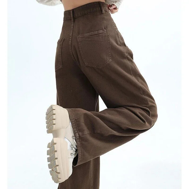 Nő magas derekú divat termikus, széles lábú farmer Női Y2k ruházat táskás nadrág lány tél hó meleg khaki kávé farmer nadrág
