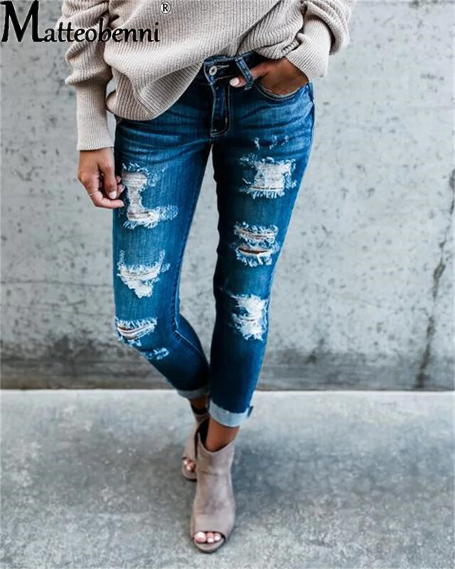 Dámske nové džínsy s vysokým pásom, roztrhané džínsy, dámske ležérne, priliehavé, s otvorom, strečové, streetwear nohavice
