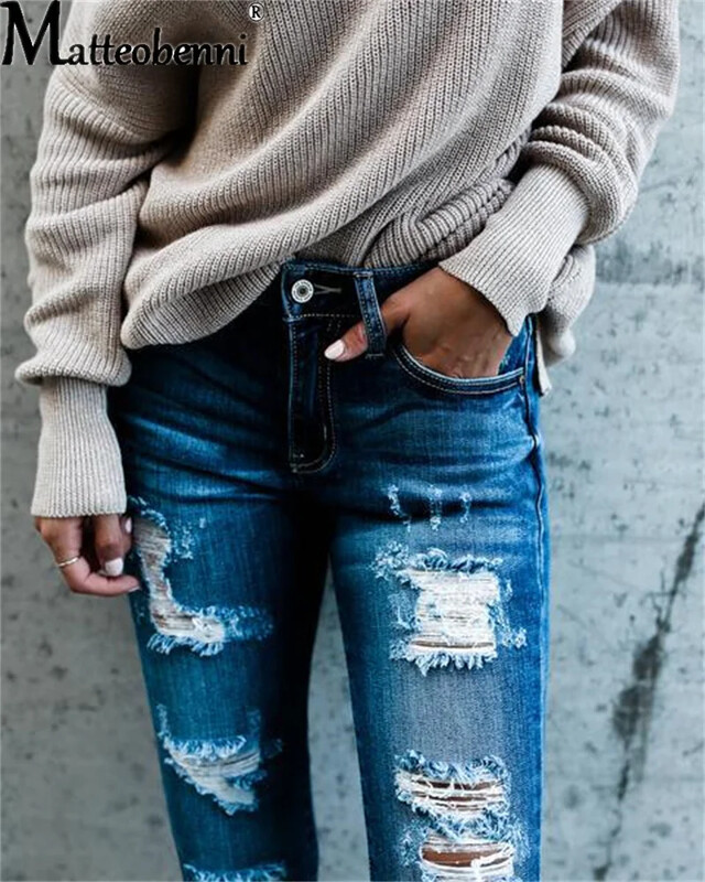 Dámske nové džínsy s vysokým pásom, roztrhané džínsy, dámske ležérne, priliehavé, s otvorom, strečové, streetwear nohavice