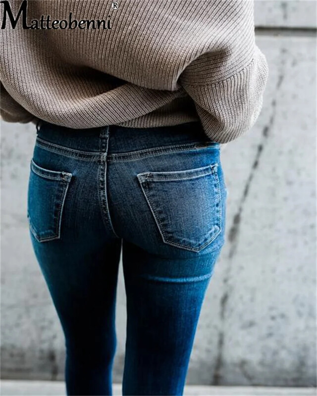 Dámske nové džínsy s vysokým pásom, roztrhané džínsy, dámske ležérne, priliehavé, s otvorom, strečové, streetwear nohavice