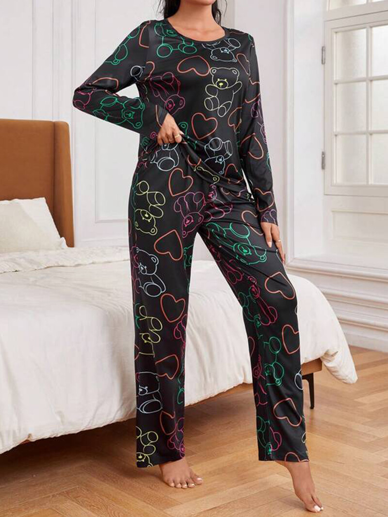 Hétköznapi szív és medve mintás pizsama szett, hosszú ujjú, nyakú felső és nadrág női hálóruházat, nappali ruházat