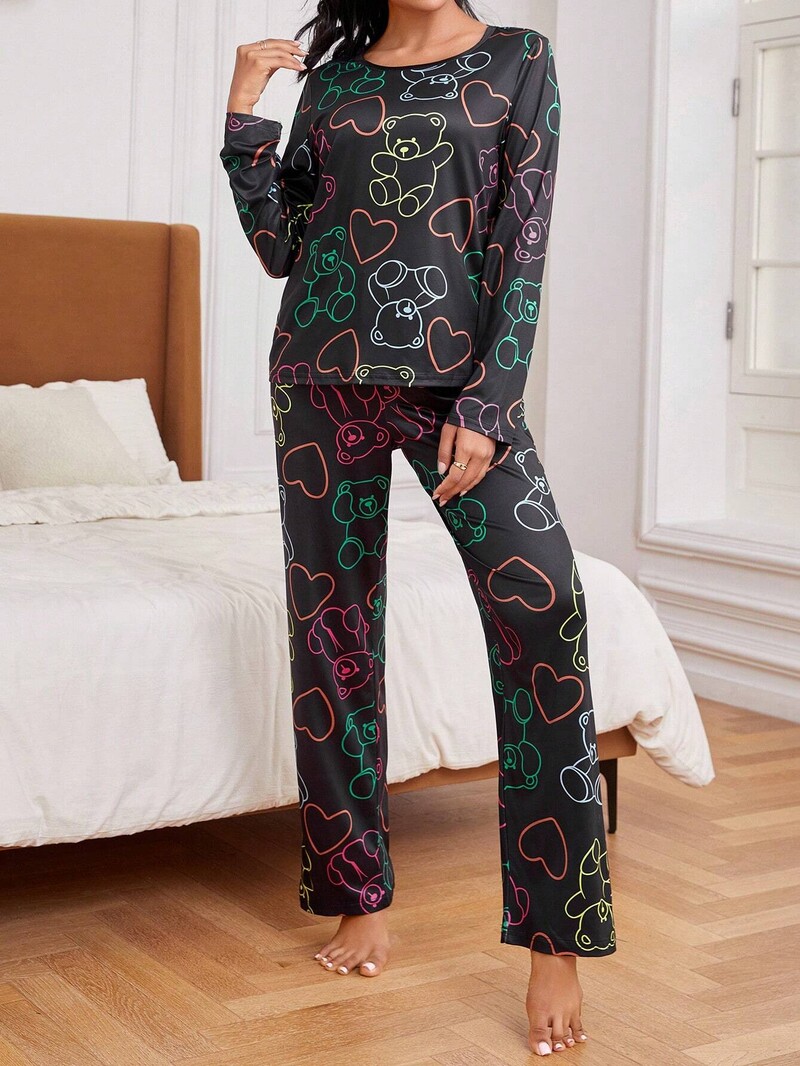 Hétköznapi szív és medve mintás pizsama szett, hosszú ujjú, nyakú felső és nadrág női hálóruházat, nappali ruházat