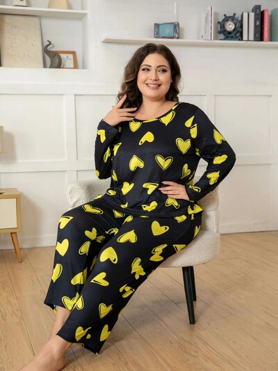 Nagy méretű női szívmintás hosszú ujjú pizsama szett, puha, könnyű, kétrészes nappali viselet, tökéletes otthonra és pihenésre