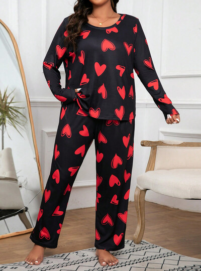 Nagy méretű női szívmintás hosszú ujjú pizsama szett, puha, könnyű, kétrészes nappali viselet, tökéletes otthonra és pihenésre