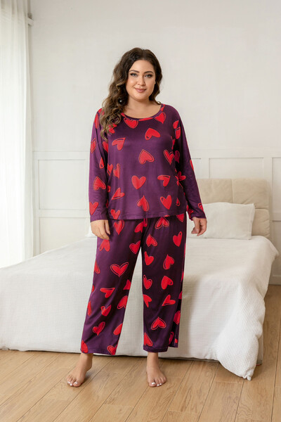 Nagy méretű női szívmintás hosszú ujjú pizsama szett, puha, könnyű, kétrészes nappali viselet, tökéletes otthonra és pihenésre