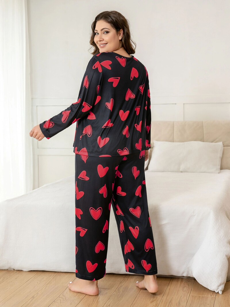 Nagy méretű női szívmintás hosszú ujjú pizsama szett, puha, könnyű, kétrészes nappali viselet, tökéletes otthonra és pihenésre